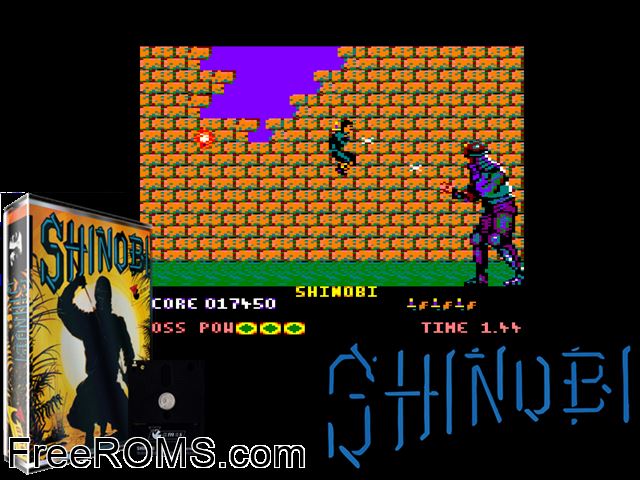 Shinobi (UK) (1989) (Disk 2 of 2) [t1] Amstrad CPC game showing 3D box cover and gameplay screenshot